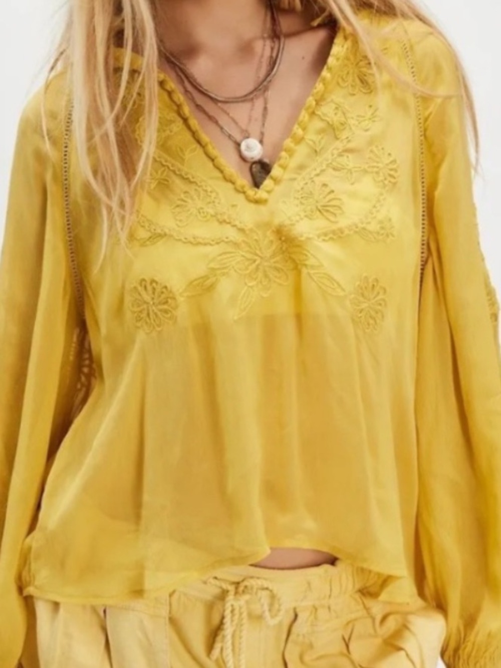 Free People Dragon Lily Blouse.  Yellow Embroidered V-Neck Women's